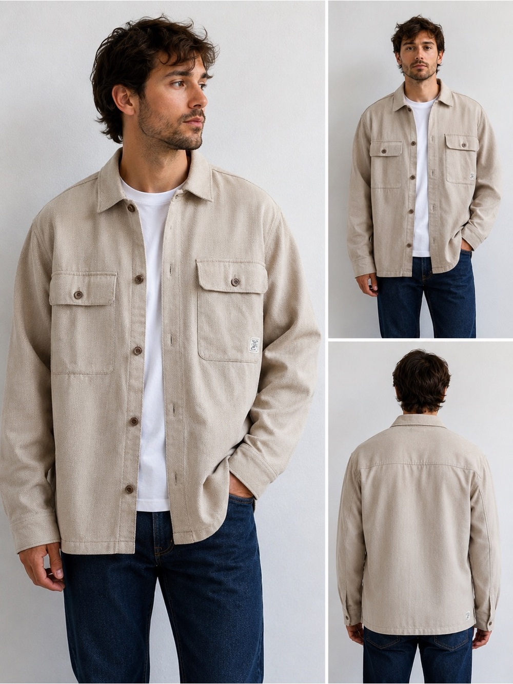 Weatherproof Vintage Herringbone Shacket Mens Medium Beige Button up